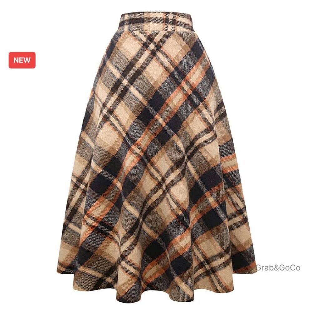 Wool Plaid A-Line Skirt High Waisted Vintage Style Winter Midi